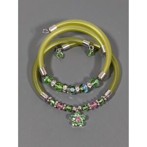 Set of 2 Pink Green Beaded Wrap Bracelets Floral Rhinestone Charm Stretch 7"
